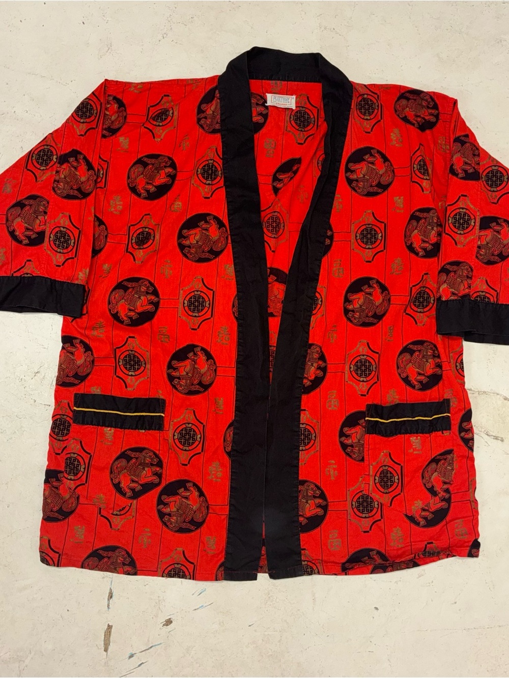 True Vintage 50s 60s Red Asian-Inspired Kimono Pajama Jacket with Black Trim